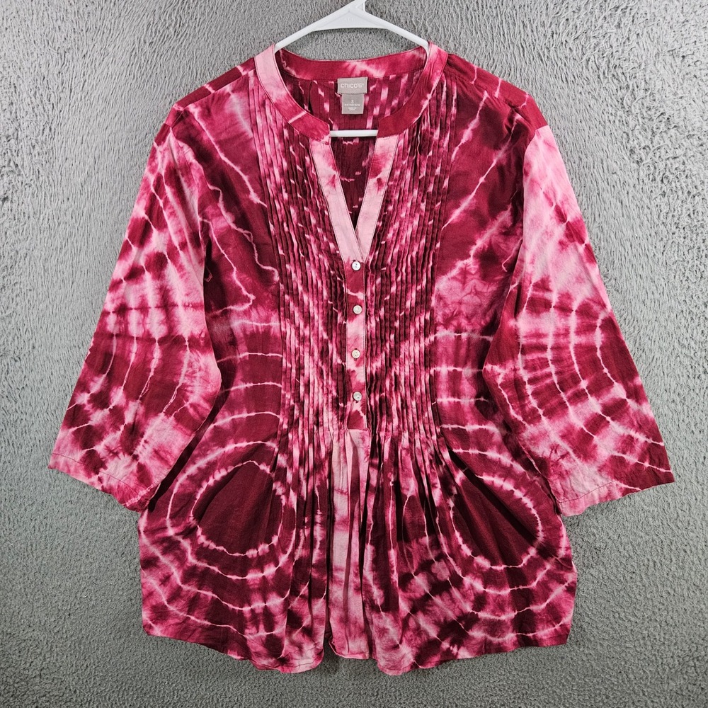 Chicos Pink Tie Dye Pintuck Tunic Top Size 3 XL 16/18 Cotton 3/4 Sleeve Blouse